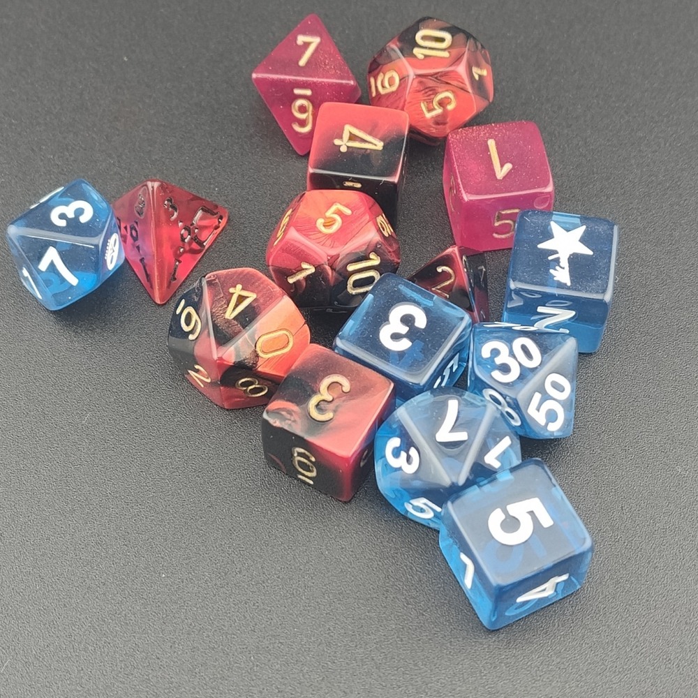 Chessex RPG dice mixed lot game play blue white gold black polyhedral triangle